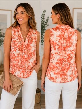 1. STATE Floral Sleeveless Blouse Size 
Large Coral Orange White V-Neck Lined